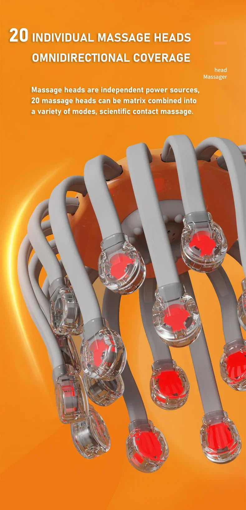 20-Head Scalp Massager with Red Light Therapy Octopus Scratcher Orange-2