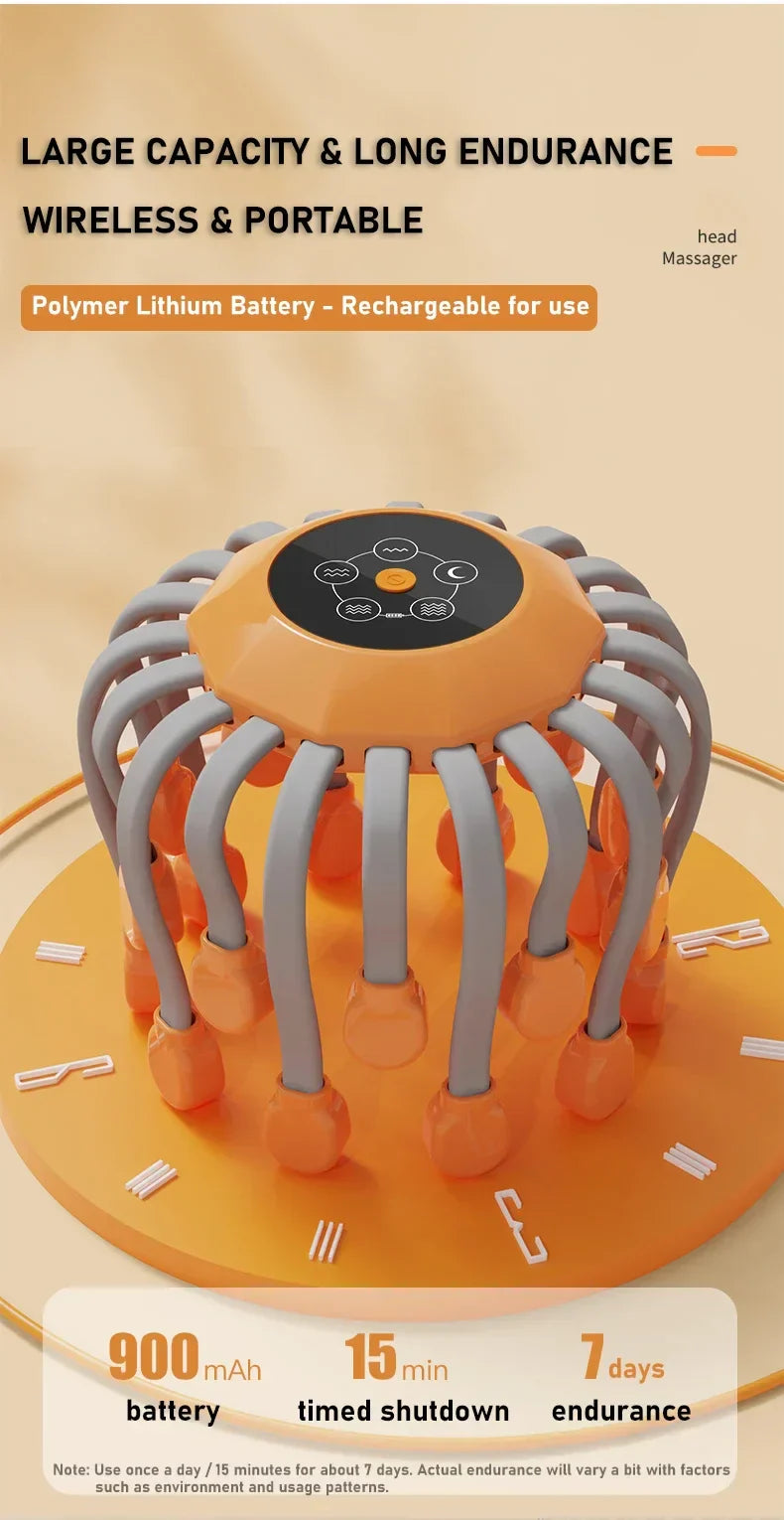 20-Head Scalp Massager with Red Light Therapy Octopus Scratcher Orange-4